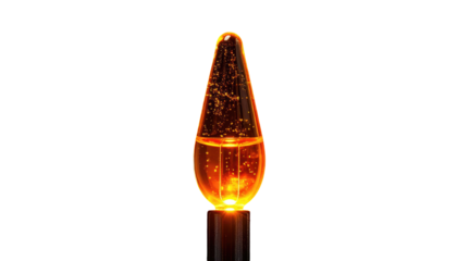 Glowing, teardrop-shaped light with bubbles in amber liquid, atop a black base, set against a dark backdrop