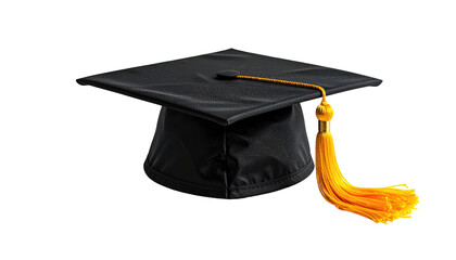 Isolated black mortarboard graduation cap with a golden tassel on a transparent background