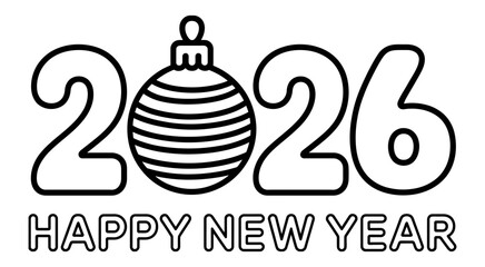 2026 happy new year holiday celebration greeting text with a festive christmas ornament replacing the number zero, festive design element