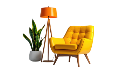 Sunny yellow armchair with tufted back, a floor lamp, and snake plant against a stark black background
