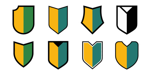 Collection of eight distinct shield emblems, divided vertically into yellow and green or black and white sections, representing various symbols and crests.