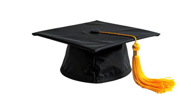 Isolated black mortarboard graduation cap with a golden tassel on a transparent background - Powered by Adobe