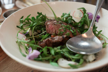 Grilled beef salad with fresh arugula, herbs, microgreens and radish slices. Juicy sliced steak served in a white bowl with vibrant green vegetables. Healthy gourmet meal.