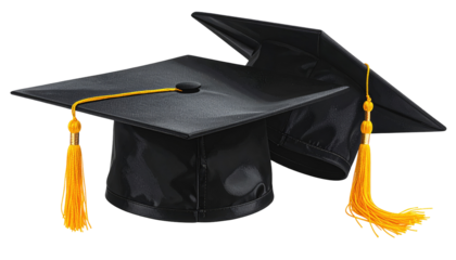 Two black graduation caps are stacked, featuring yellow tassels, against a dark background