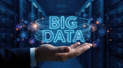 Hand holding glowing BIG DATA text and network of icons in server room big data technology