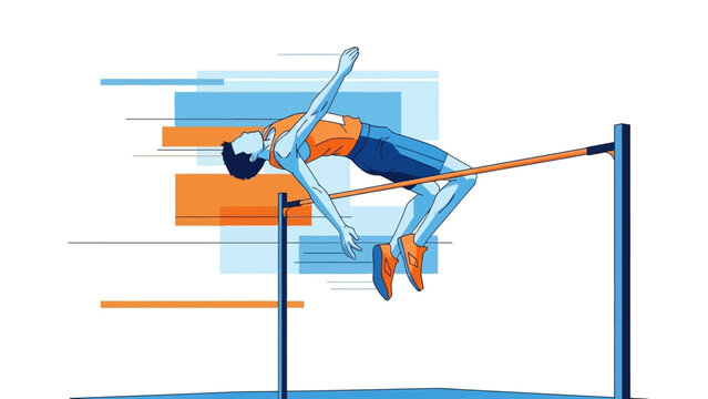Male athlete performing a high jump over a bar with abstract motion lines in the background, showcasing athletic prowess and determination.