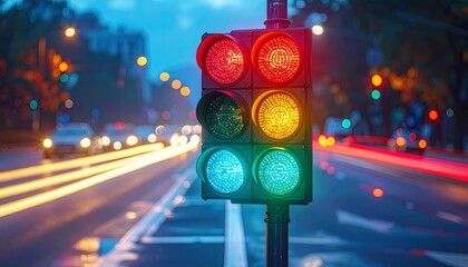 Colorful traffic light illuminating a busy city street at night with long exposure.