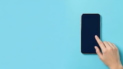 Hand Touching Smartphone Screen on Blue Background.