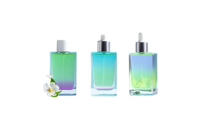 Three bottles filled with a green-to-blue gradient liquid. One has flowers, all have silver tops, on a black background