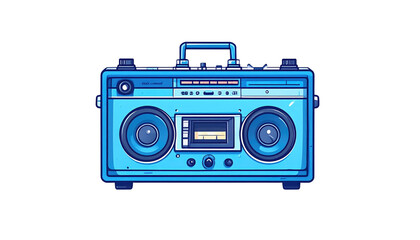 Blue cartoon boombox on black background. Bright, retro audio device