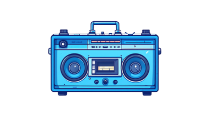 Blue cartoon boombox on black background. Bright, retro audio device
