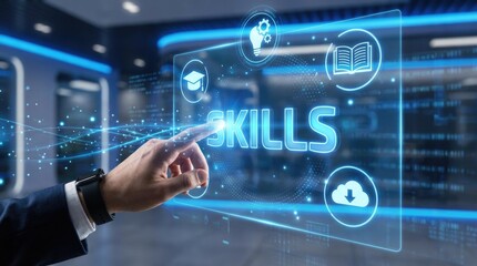 Hand touching a futuristic digital interface displaying the word SKILS and icons