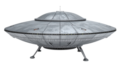 Metallic flying saucer with tripod landing gear, a classic extraterrestrial design against a stark black backdrop