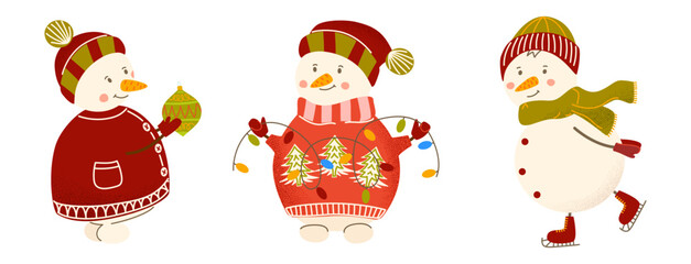 Festive cute snowman characters set. Snowmen holding glowing garland, warm drink, and skates happily. Cozy Christmas mood