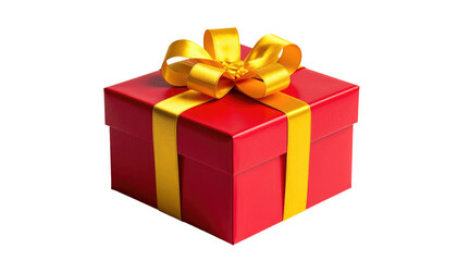 Red gift box tied with a golden ribbon on a black background, casting a soft shadow on the surface