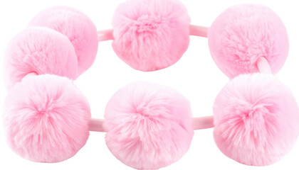 Six soft, pink, fluffy pom-poms are linked by a light pink band in a grid pattern against a white background