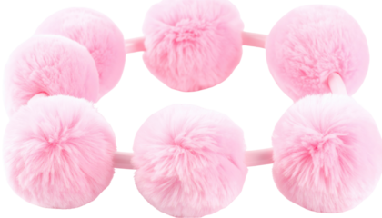 Six soft, pink, fluffy pom-poms are linked by a light pink band in a grid pattern against a white background