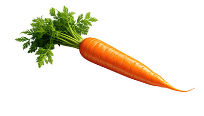 Vibrant orange carrot with leafy green top, isolated against a stark black background; food photography