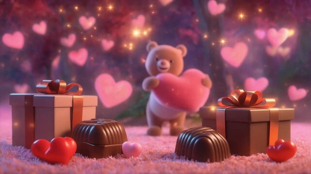 Animated teddy bear holding heart amidst floating hearts and gifts