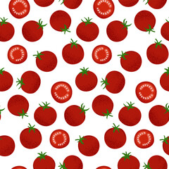 Fresh and vibrant tomato seamless pattern in hand-drawn style. For food packaging, kitchen decor, fabric prints and healthy lifestyle designs