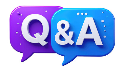 Playful Q&A graphic purple and blue rounded speech bubbles display white letters with decorative stars/dots