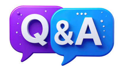 Playful Q&A graphic purple and blue rounded speech bubbles display white letters with decorative stars/dots