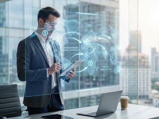 Man in a suit using a tablet with a holographic world map displaying digital payment networks and fintech concepts