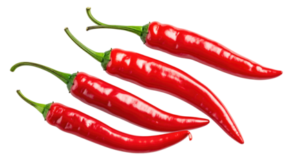 A cluster of vibrant red chili peppers with verdant stems, angled against a stark, deep black background