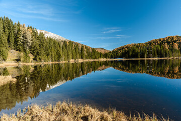 Prebersee in Lungau , Spiegelungen der Berge im See mit Schnee