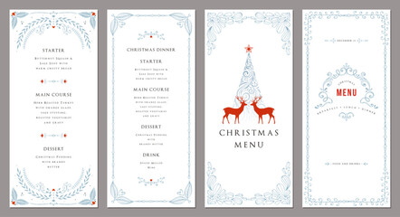 Naklejka na ściany i meble Elegant Christmas templates 4x9. Winter Holiday cards with decorative Christmas Tree, reindeers, ornate frames with copy space and greetings. Hand drawn. 