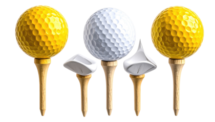 Arranged golf balls in yellow and white colors, perched atop wooden tees against a stark black backdrop