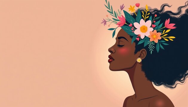 Black woman portrait with flowers in hair. Female empowerment illustration freedom, equality. Feminine silhouette on beige background. Concept for International Womens Day. Embrace feminine strength