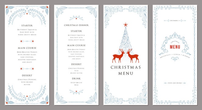 Fototapeta Elegant Christmas templates 4x9. Winter Holiday cards with decorative Christmas Tree, reindeers, ornate frames with copy space and greetings. Hand drawn. 