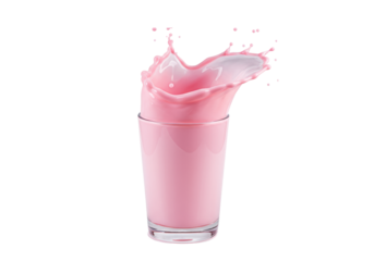 Ultra-photorealistic macro shot of magenta strawberry milk violently splashing from a tilted glass, frozen mid-air, creamy texture, isolated on a transparent background. Concept for beverage