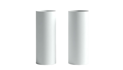 Two identical vertical cylinders, rendered in a gradient of grayscale, stand side-by-side against a stark black background