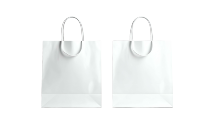 A pristine studio shot features two identical, glossy white shopping bags. Each bag has a matching handle, set against a stark black backdrop