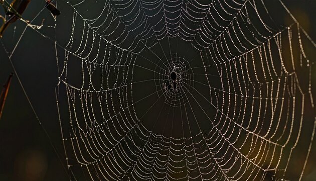 Intricate spider web with dew drops glistening in the morning light. - Powered by Adobe