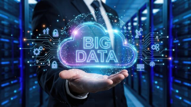 Person in suit holding glowing Big Data cloud icon with network connections in server room technology - Powered by Adobe