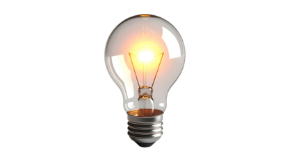 A luminous, transparent glass bulb illuminated with a bright orange glow, set against a stark black background. The base is metallic