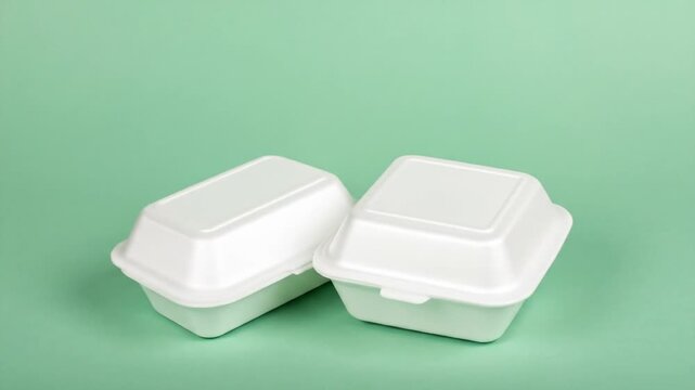 Two white, rectangular clamshell food containers on a mint green surface. One is open