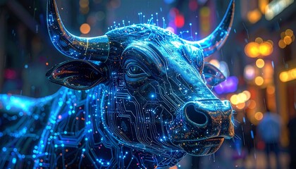 Glowing Blue Electronic Bull with Circuitry in a Neon Cityscape.