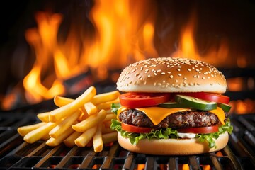 Grilled Hamburger with French Fries over Fire