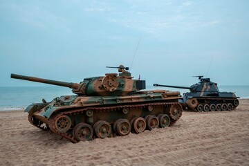 Two Military Tanks on a Beach - Scenic Backdrop