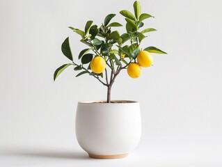 Small lemon tree with yellow fruits in a white pot on a plain background in a bright setting