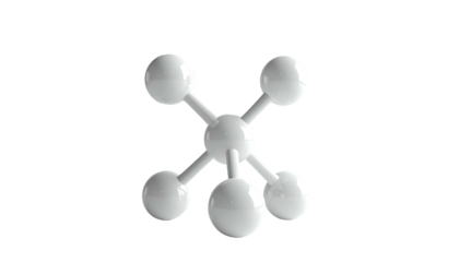 A 3D rendered graphic depicting a molecular structure. Spherical nodes are connected by white rods, set against a black backdrop