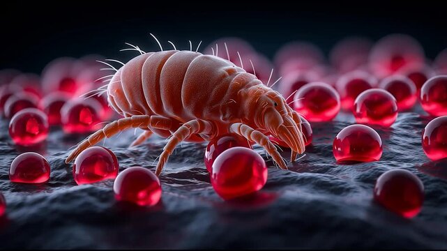 Extreme close-up of dust mite on human skin surface with red allergy particles, microscopic view of allergen