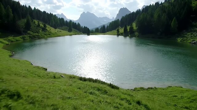 Scenic mountain lake reflection in the Alps, a stunning landscape of nature and water under a vast sky