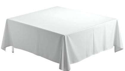 A square table, draped with a crisp, white tablecloth. Soft shadows create gentle folds in the fabric, giving the scene depth