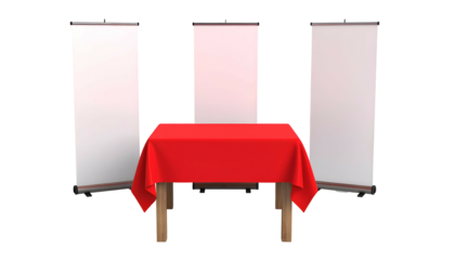 A red tablecloth covers a table. Three vertical white blank displays are set up with a dark background for promotion