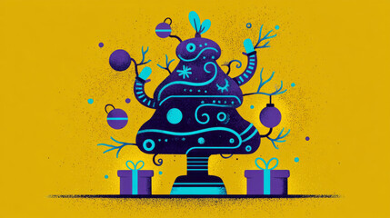 Whimsical Christmas tree decorating itself with ornaments